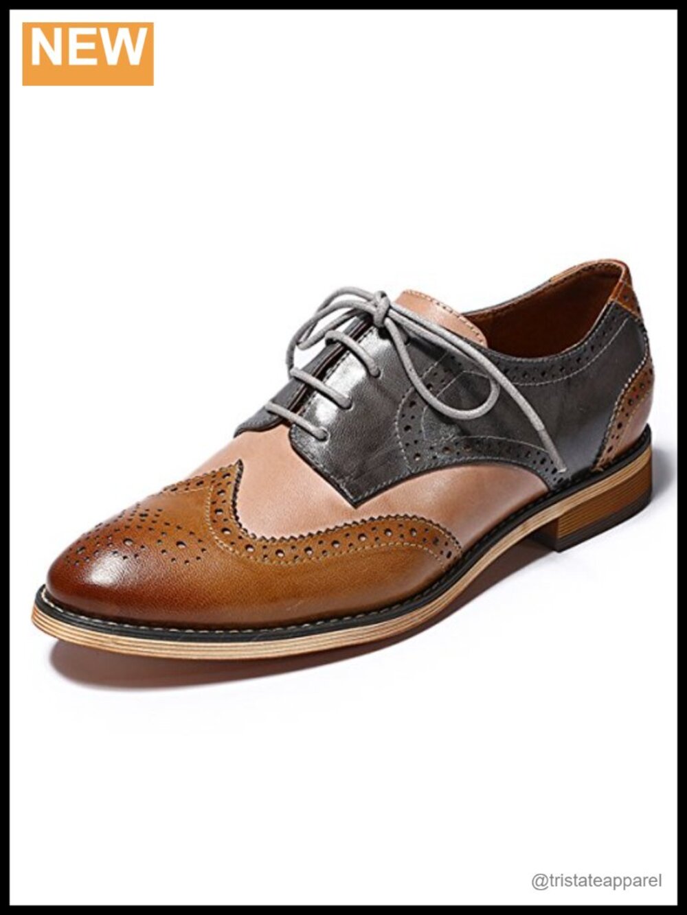 Women's Wingtip Oxford Brogue Lace-Up Leather Shoes Pointed Toe Stacked Heel